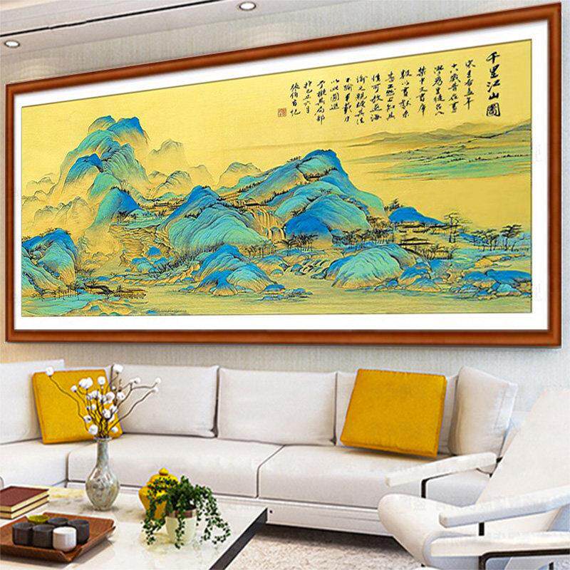 2025新款纯手工十字绣成品机绣客厅办公室山水风景挂画 画千里江