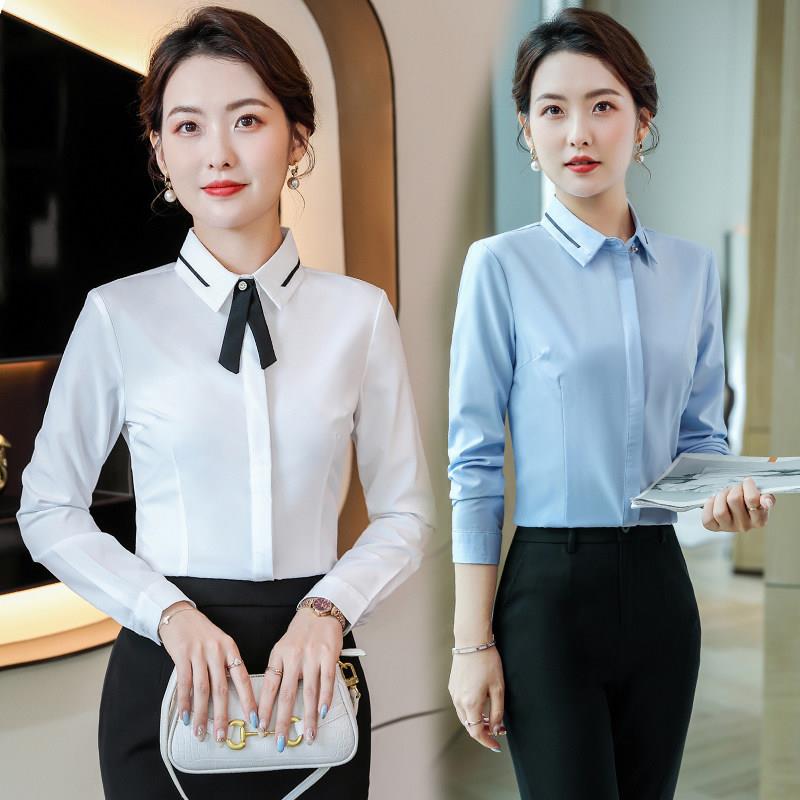 长袖白衬衫女士职业装春秋季打底衬衣修身气质正装酒店前台工作服