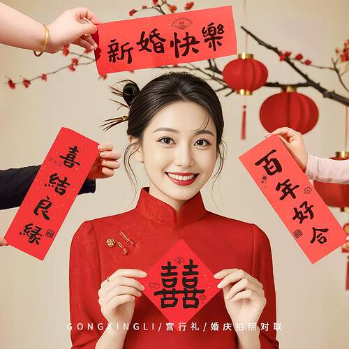 接亲游戏晨袍结婚拍照道具婚礼新娘订婚喜字对联拍摄伴娘堵门氛围
