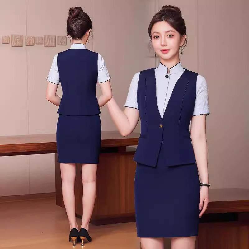 夏季职业马甲套装女新中式餐饮服务员美容院工作服酒店前台工作装