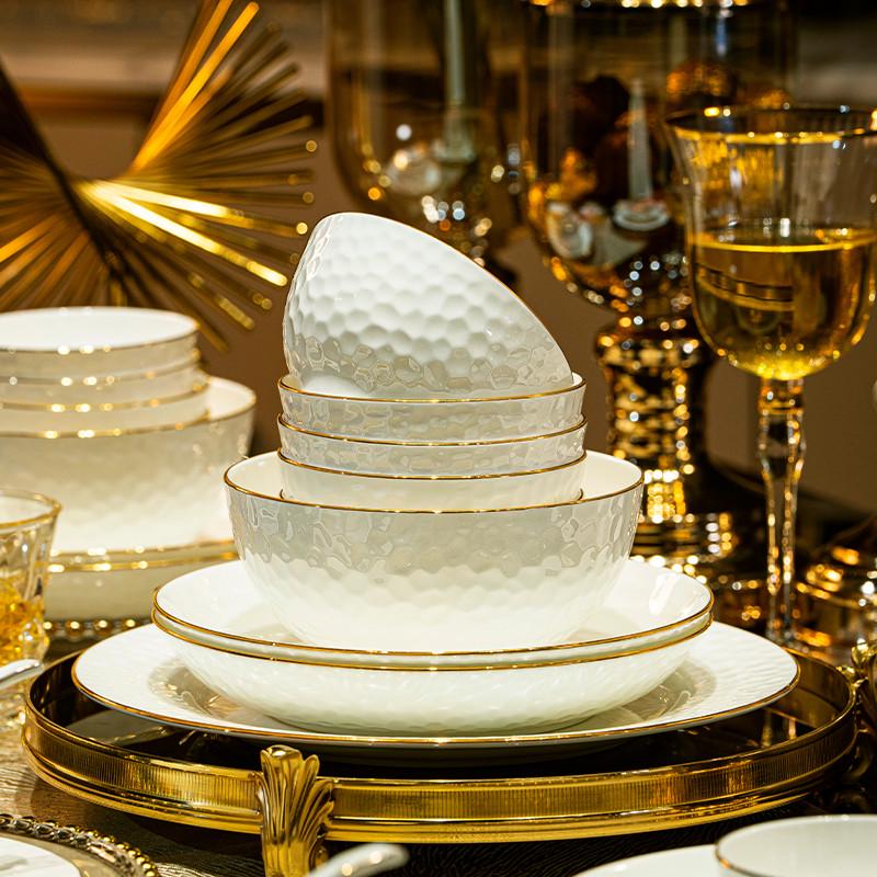 景德镇餐具高档酒店陶瓷碗筷盘组合纯白金边骨瓷碗碟套装家用轻奢