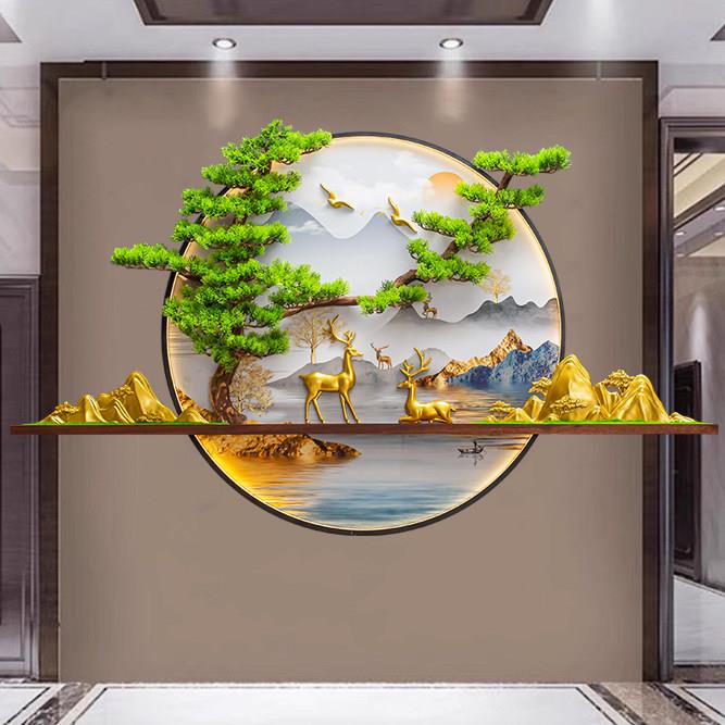 新中式玄关3d立体迎客松晶瓷画创意茶室墙面发光装饰画带LED灯