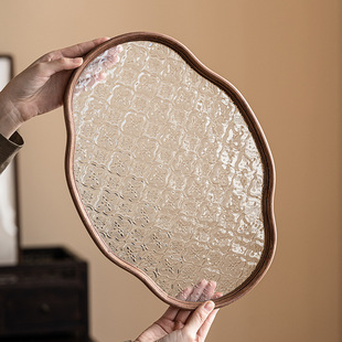 海棠花玻璃托盘中式 小型茶点盘家用盖碗壶承壶托复古茶具收纳盘子