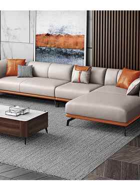 皮艺沙发左右贵妃客厅组合现代轻奢意式简约橙色转角沙发别墅区