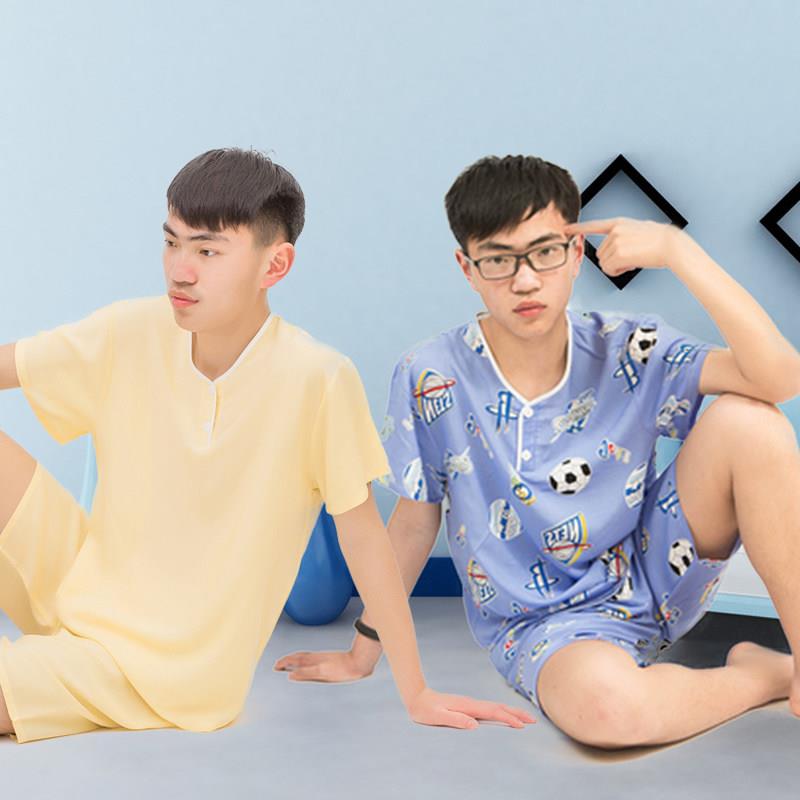 儿童中大码棉绸宽松睡衣中老年夏男士短袖短裤青少年绵套装家居服