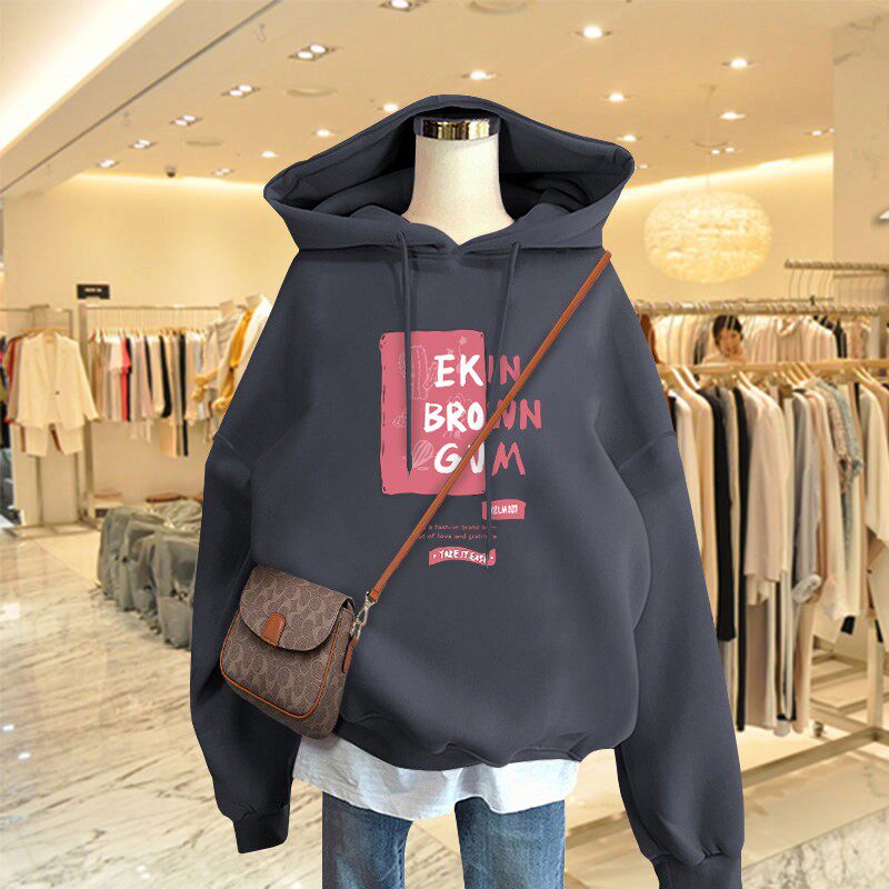 韩国灰色连帽卫衣女春秋薄款2025新款时尚加绒加厚宽松中长款外套