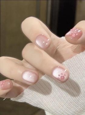 穿戴甲 粉嫩猫眼手工穿戴甲巨显白短款美甲2025韩系lns热销榜