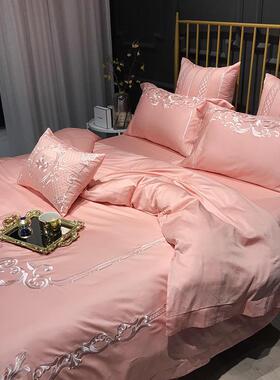 轻奢2棉502ZUU新款全棉粉红色四件套00纯床单被1套欧式结婚床上用