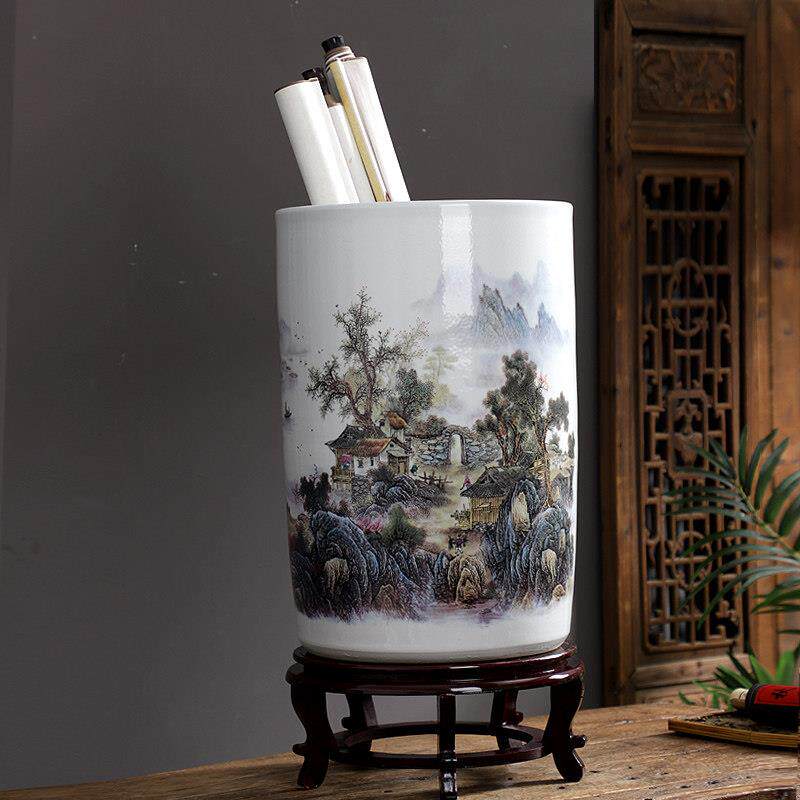 新中式景德镇陶瓷书画筒适用于书房客厅装饰画缸 江南风格陶瓷字
