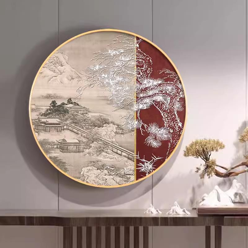 山水画新中式装饰画迎客松圆形茶室背景墙挂画禅意入户门玄关壁画