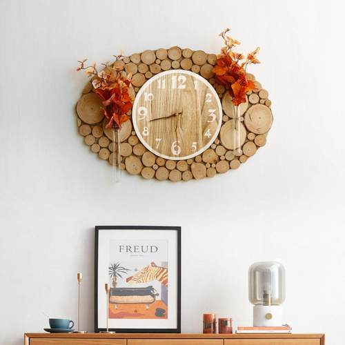 纯手工实木质静音圆形时钟挂钟客厅家用钟表现代简约创意民宿壁挂