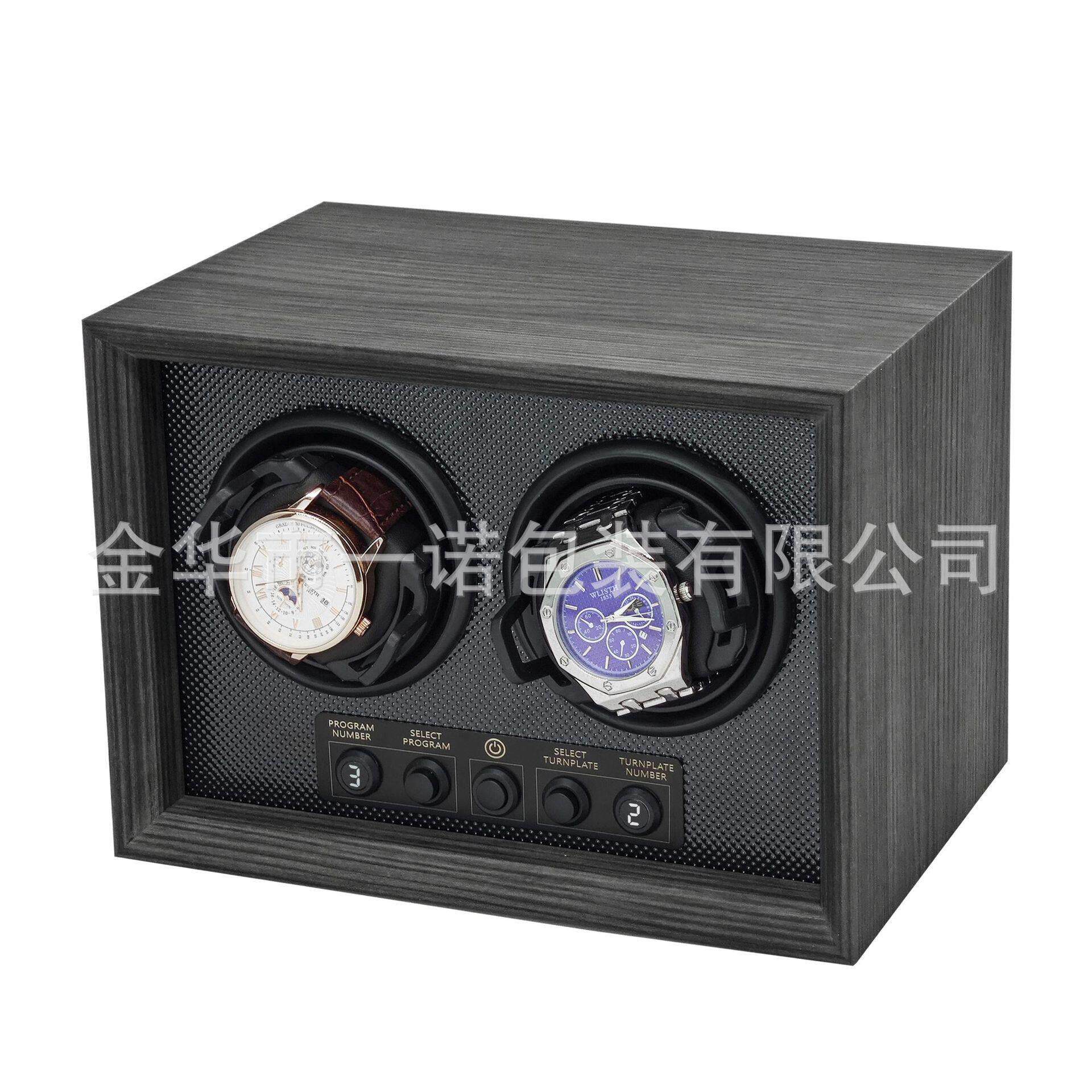 现货黑檀纹木质数码显示自动机械双表位摇表器腕表上链上弦表盒