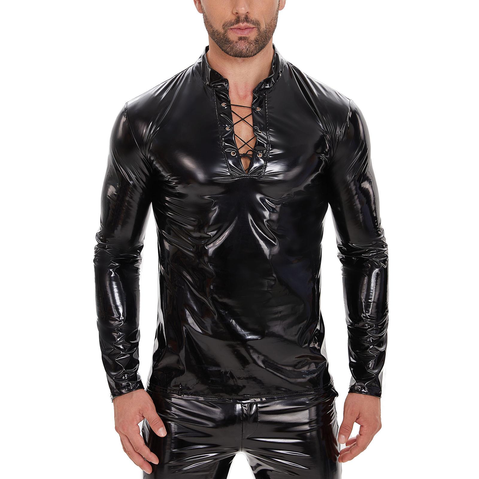 Men's mirror glossy leather long sleeved jacket with black图片