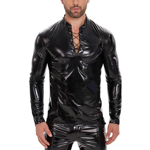 Men's mirror glossy leather long sleeved jacket with black
