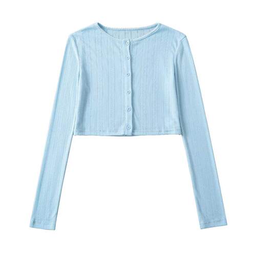 Buckle thin jacket, round neck long sleeved cardigan,