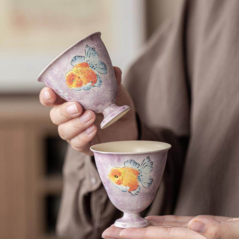 金鱼紫鳞手绘陶瓷主人杯下午茶品茗杯送礼高足茶杯女士高脚杯精致