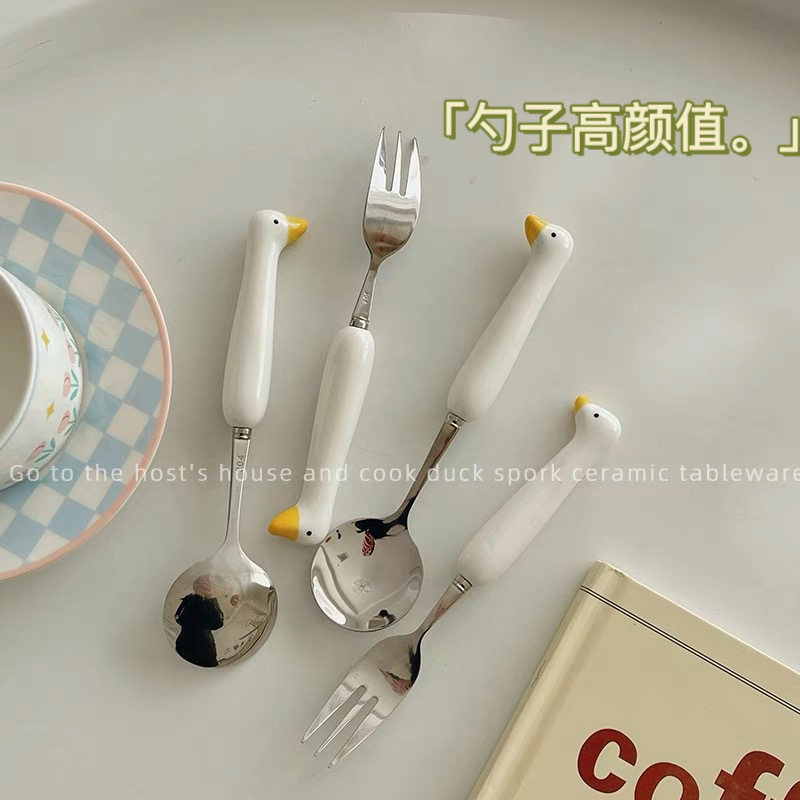 鸭子餐具 不锈钢陶瓷勺子雪糕勺汤勺水果叉勺子颜值