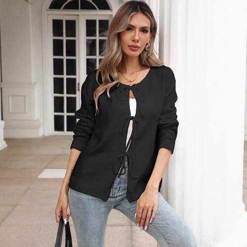 Women's knitted sweater jacket, women's round neck tie,