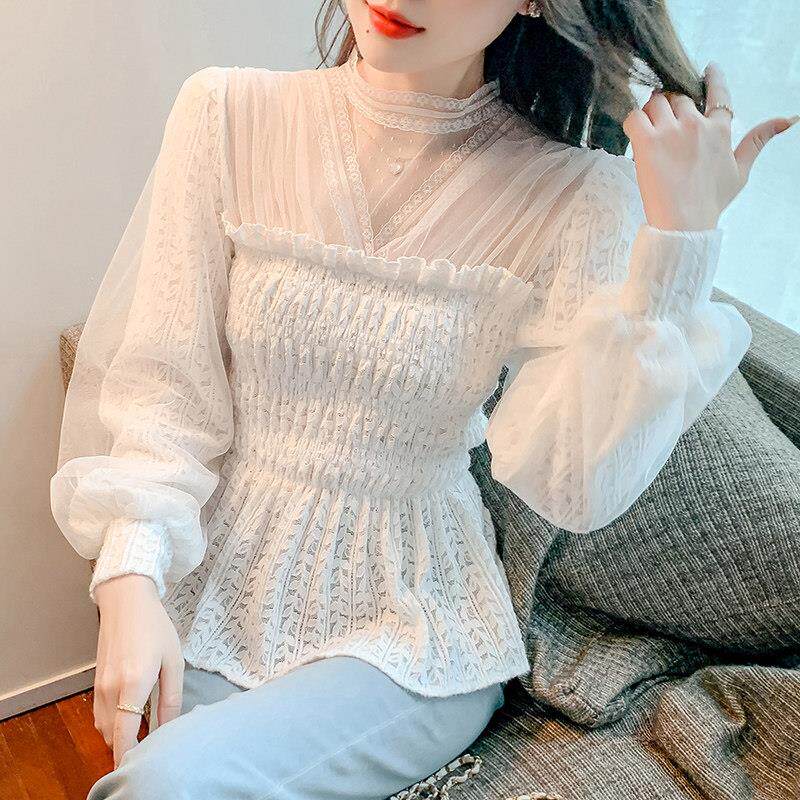 蕾丝衬衫女春秋2025新款法式网纱打底衬衣设计感小众时尚小衫上衣
