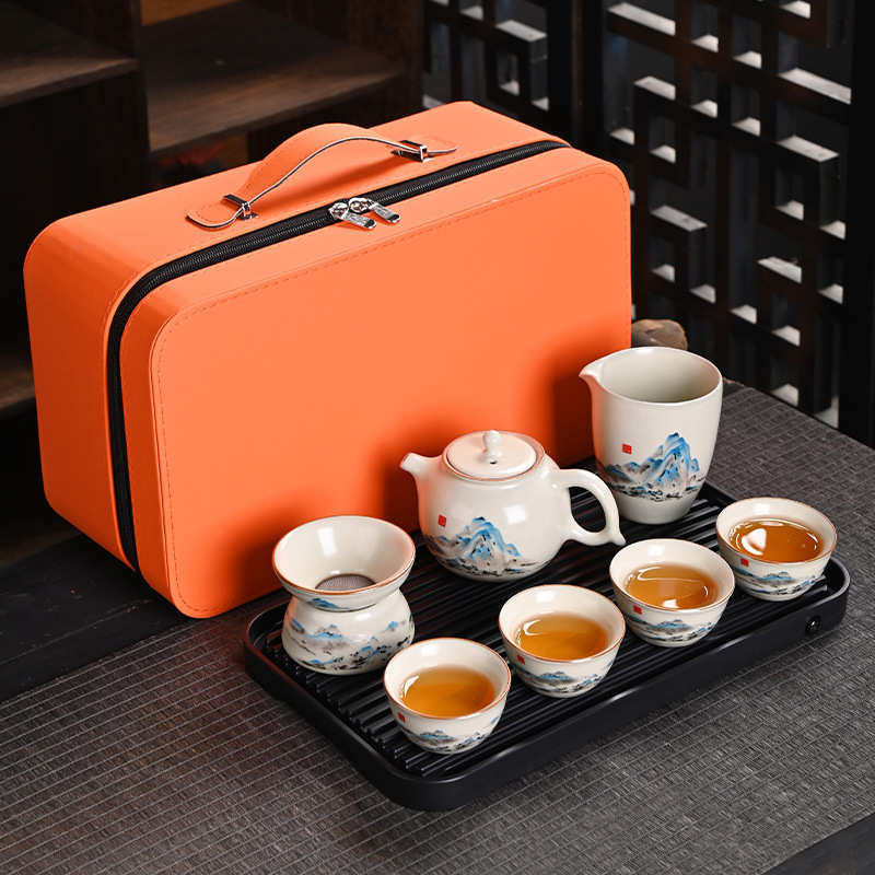 黄汝窑千里江山旅行茶具套装便携式快客杯户外泡茶器商务伴手礼品