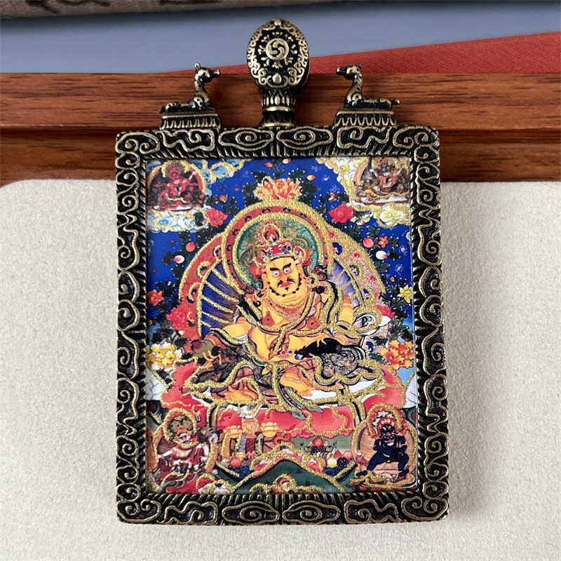 美飒唐卡半手绘 新款唐卡吊坠双面黄财神大黑天藏式随身吊坠批发