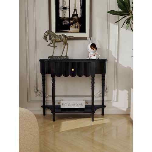 法式实木半圆玄关桌子靠墙黑色过道玄关柜置物架入户窄条桌玄关台