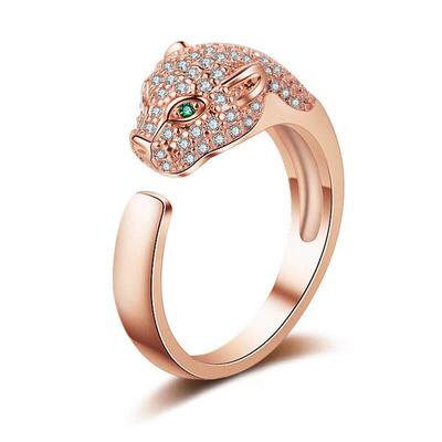 Leopard Panther Head Green Eye Opening Ring Micro-inlaid Cry