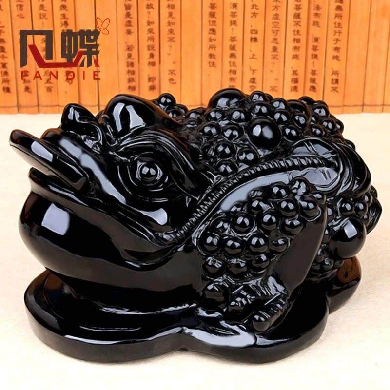 天然黑曜石金蟾摆件八方三足三脚蟾蜍黑色石雕水晶吉祥物玉石摆设