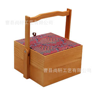 中式国风双层新年糕点包装盒提篮礼品盒实木春节点心盒简约食盒