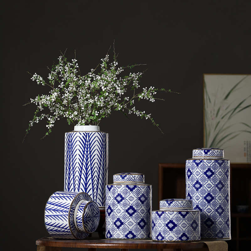 景德镇青花瓷新古典花瓶储物罐摆件电视柜玄关轻奢时尚陶瓷装饰品