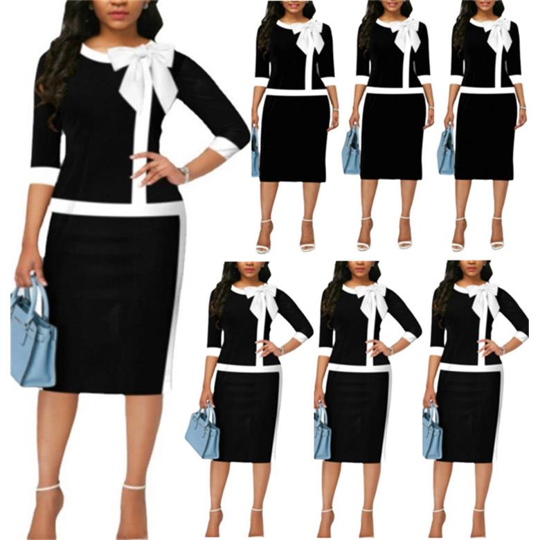 Womens professional round neck tied knot slim fit dress