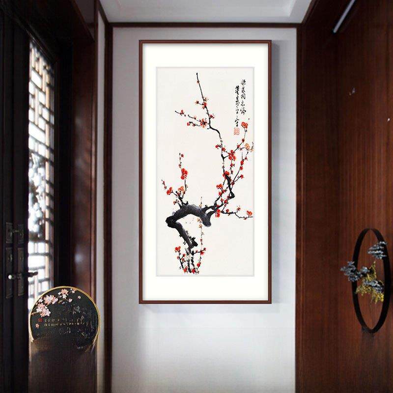 喜上眉梢挂画玄关装饰画新中式入户走廊过道背景墙壁画梅花图竖版