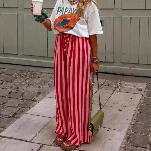 Women Striped Print Casual Daily Wear Pants Spring Summer