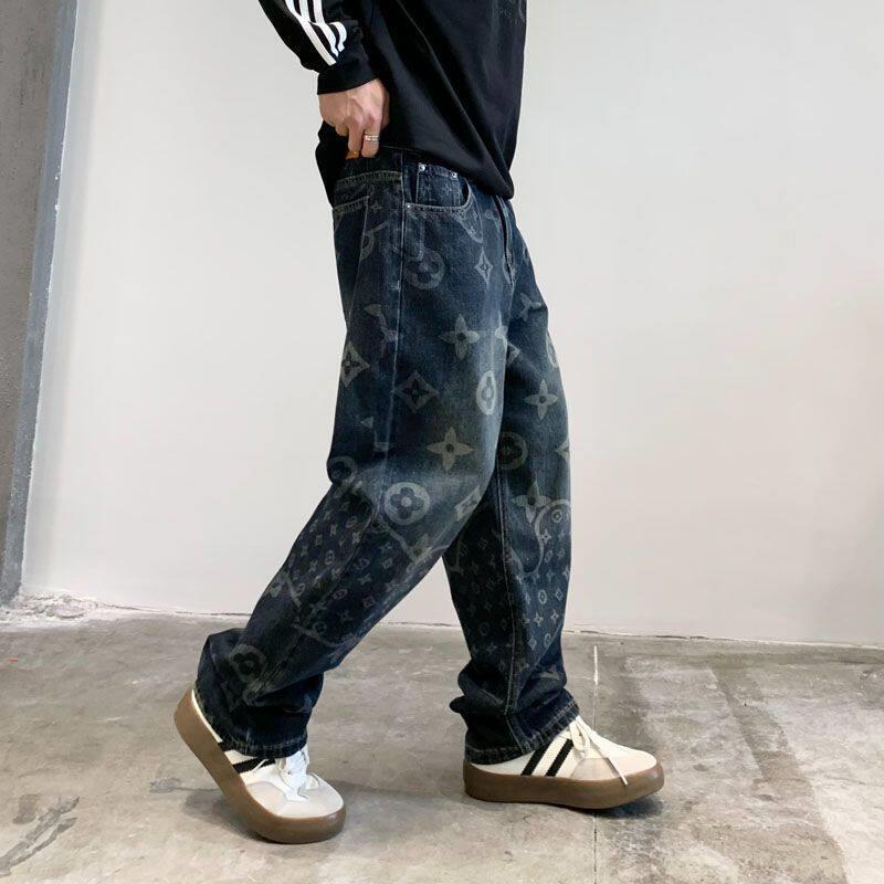 美式满印提花牛仔裤男秋季美式高街直筒宽松阔腿潮牌痞帅炸街裤子