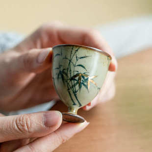 复古釉纯手绘青竹个人杯高足主人杯单杯品茗杯陶瓷功夫茶杯女