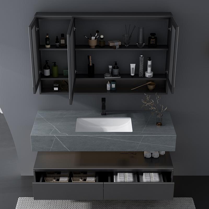 轻奢岩板下挂一体盆实木浴室柜组合卫生间挂墙式智能洗脸洗漱台盆