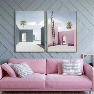 莫兰迪色系几何建筑装饰画客厅抽象现代画简约风景玄关艺术粉挂画