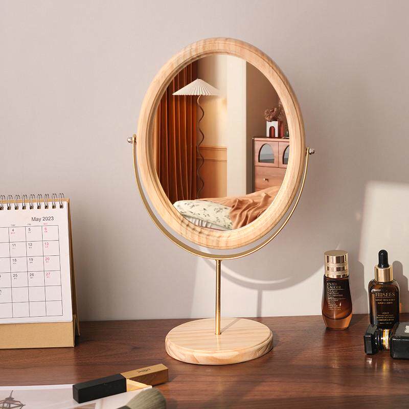 复古实木化妆镜家用桌面木质中式立式可旋转梳妆镜卧室台式镜子