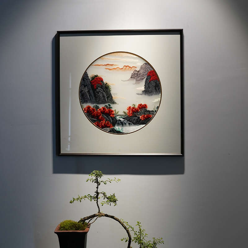 定制刺绣遮挡电表奢免新打孔竖箱中式版箱液压挂画轻纯手工装饰画图片