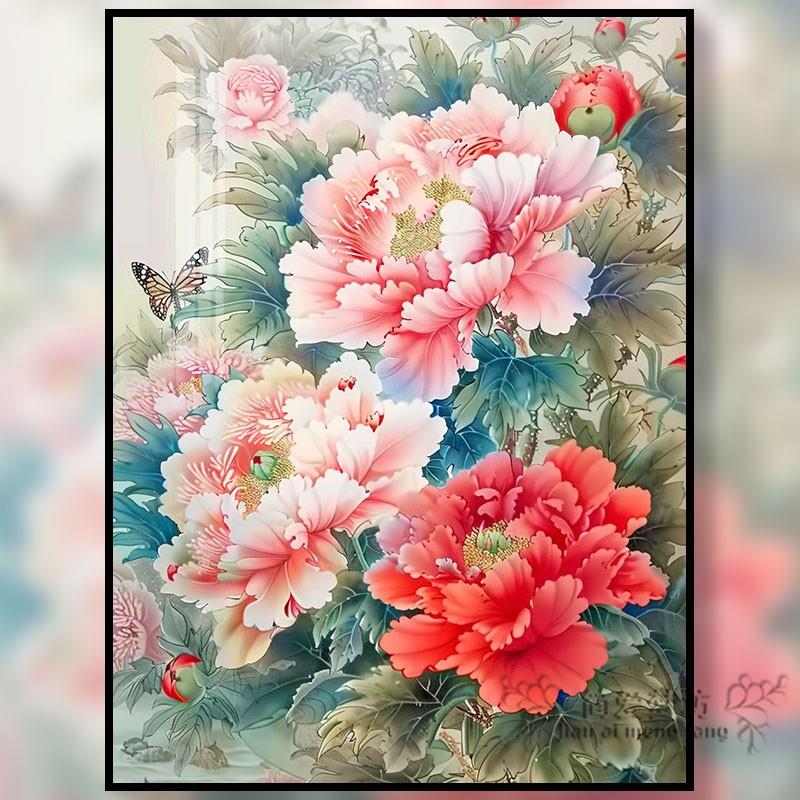牡丹花卉十字绣2025新款满绣高端手工绣客厅卧室玄关画自己绣简单