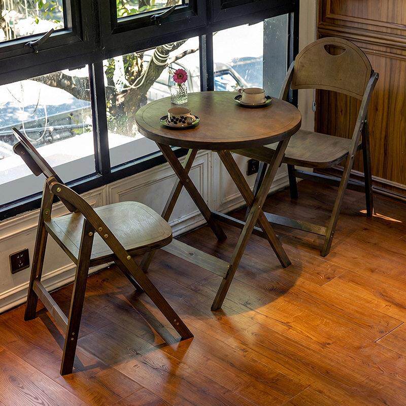 简约小户型圆桌复古实木可折叠方桌客厅阳台家用茶几餐桌咖啡桌椅