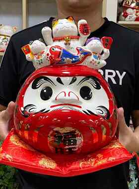 福旺达摩招财猫陶瓷存钱罐家居客厅旺财摆件开 业礼品寿司店装饰