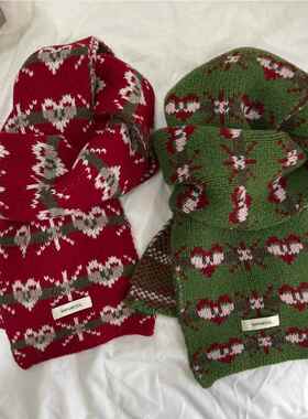 圣诞款100%羊毛针织围巾男女冬季112424-3纯加脖保暖围韩版学生百