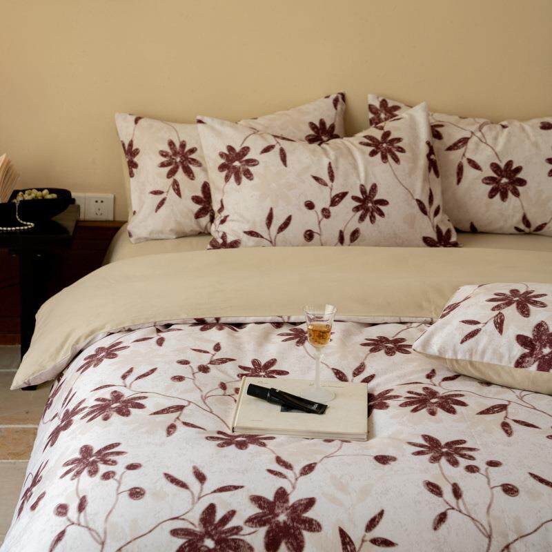 复古美式风加厚秋冬季保暖全棉四件套纯棉磨毛被套床单床笠三件套