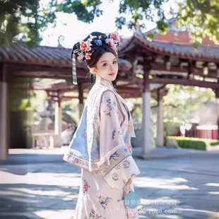汉服女清代印花古装清朝延吉公主旗袍宫廷格格服两件套旅拍服装女