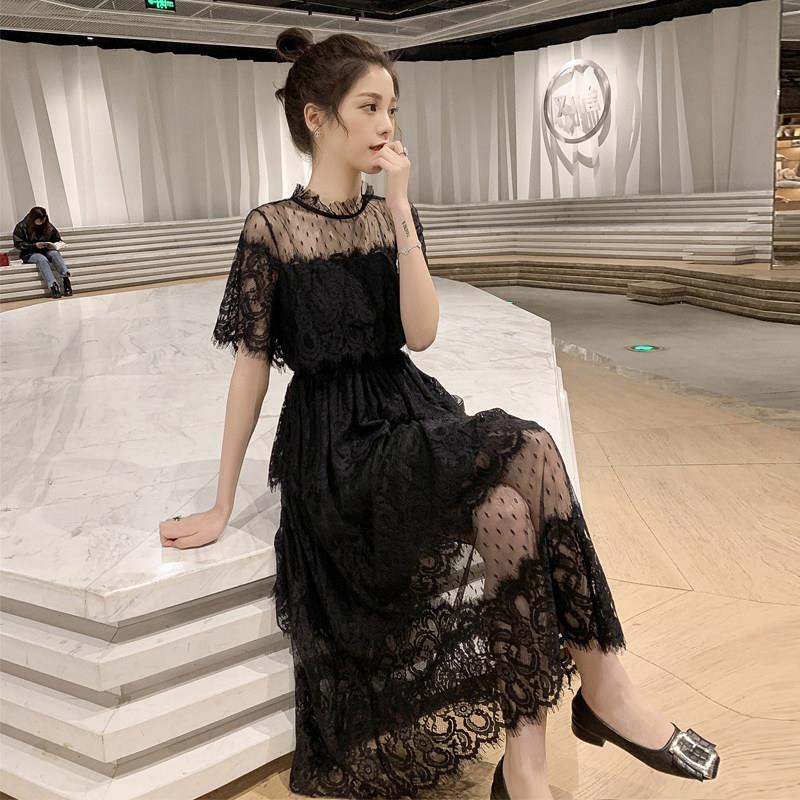 夏季2025新款网纱拼接收腰中长版蕾丝短袖洋装女温柔chic仙女裙