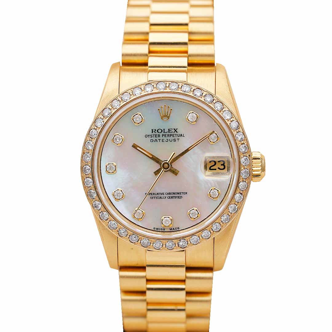 女金劳31mm[9.8新]劳力士日志贝母面后镶钻自动机械女表68278