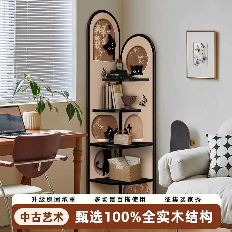 中古风实木转角柜子床头落拐角柜地客厅收纳复古三角柜墙角置物架