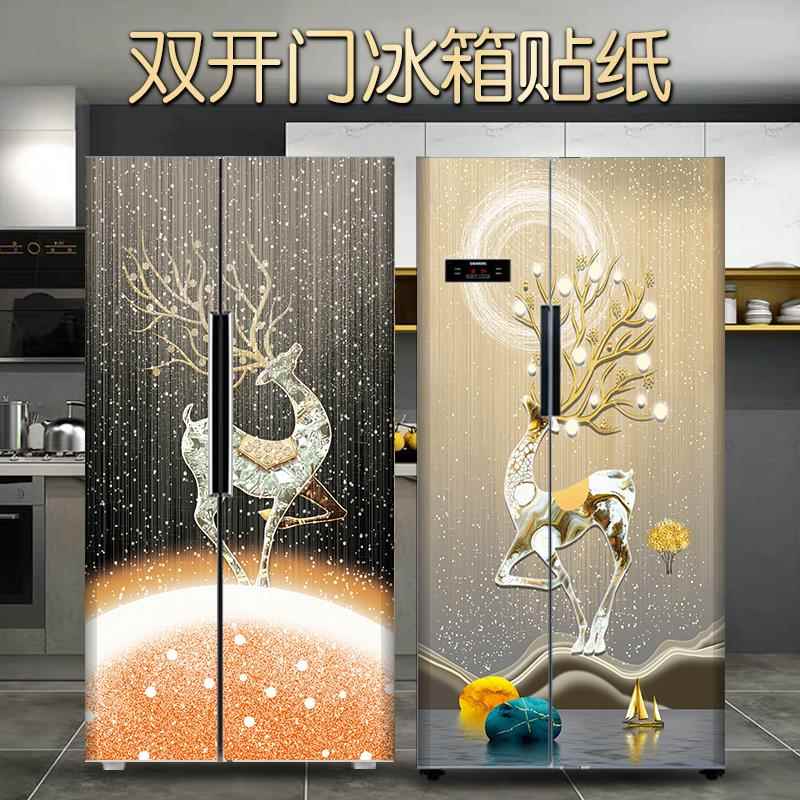 现代轻奢小鹿冰箱贴纸自粘防水双门冰箱装饰画 画旧冰箱遮挡贴艺