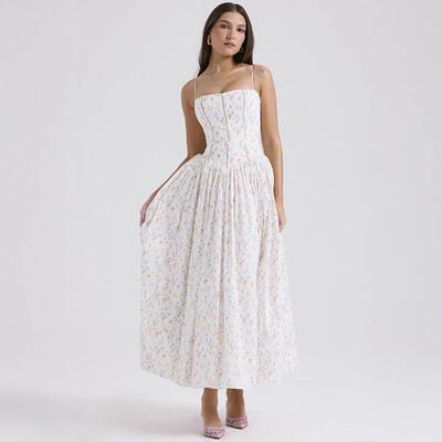 Womens Corset Detail Spaghetti Straps Knotted Maxi Dress